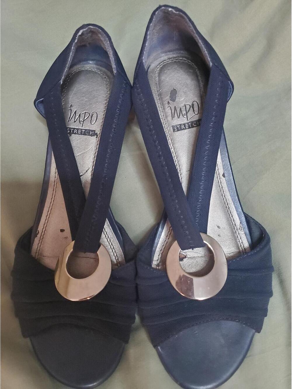 Impo Black Stretch Fabric Wedge Sandals with Decorative Metal Rings